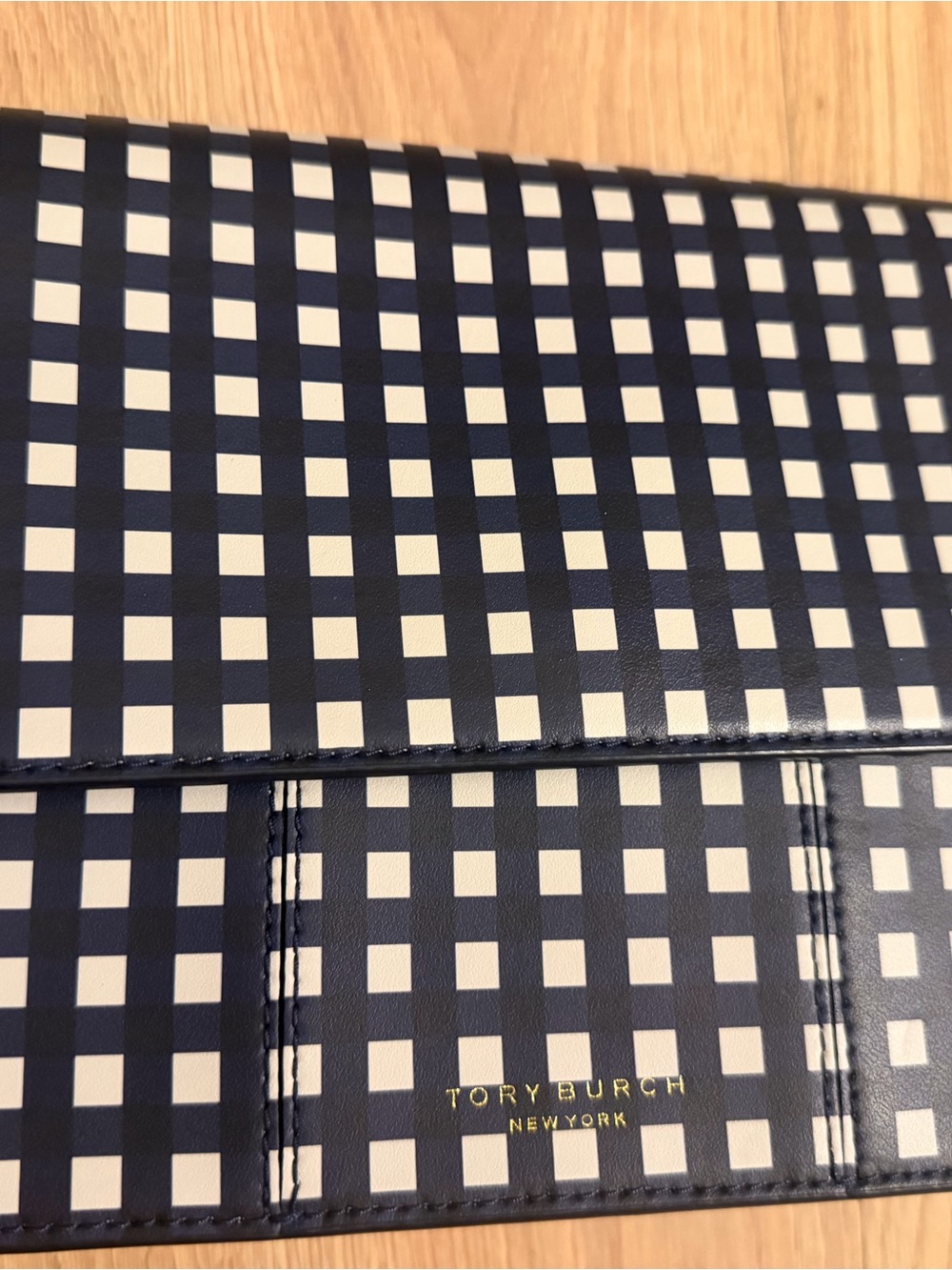 Tory Burch Navy and Cream Gingham Foldover Wallet
